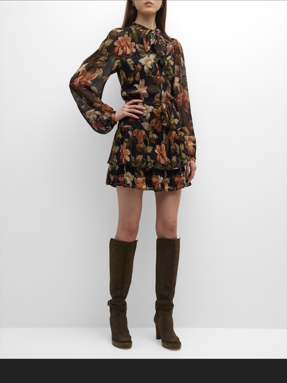PAIGE Black Floral Tie-Neck Long Sleeve Mini Dress